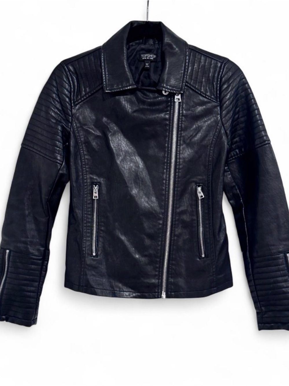 Topshop Faux Leather Moto Jacket With Quilted Sleeve Detail